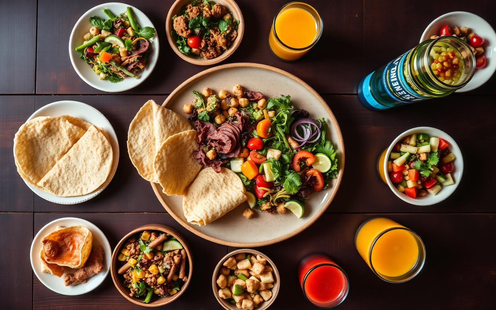 Variedad de platos saludables y criollos de MyD Delivery servidos en mesa de madera